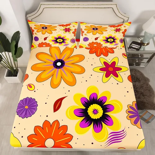 Vista 22 de Juego de ropa de cama con diseño floral bohemio, tamaño individual, diseño retro de flores groovy, 60S y 70S, diseño de flores hippie para niños