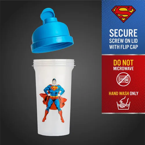 Vista 4 de Paladone Superman - Botella mezcladora de proteínas, 23 onzas, vaso mezclador DC Comics Rejilla mezcladora y bola agitadora, tiene capacidad