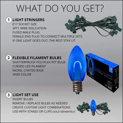 Vista 6 de Wintergreen Lighting - Luces navideñas inastillables FlexFilament LED C9 Azul