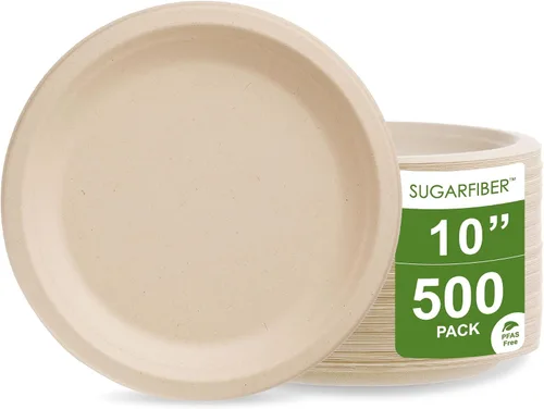 Vista 10 de Bagasse Platos redondos, desechables, de fibra de caña de azúcar natural (bambú), de 9 pulgadas, ecológicos, que pueden transformarse en abono.