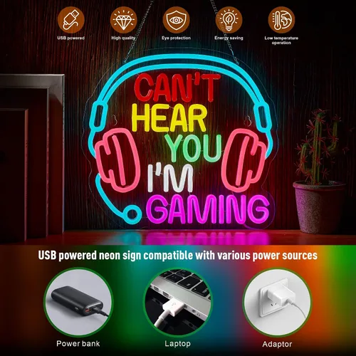 Vista 3 de Letrero de neón para juegos Can't Hear You I'm Gaming Headset Gamer Luz LED brillante alimentada por USB Letrero luminoso de auriculares Letreros