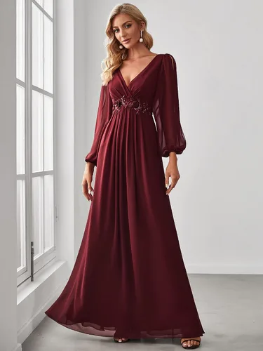 Vista 4 de Ever-Pretty Vestido formal de gasa fruncido de manga larga con cuello en V para mujer 00461