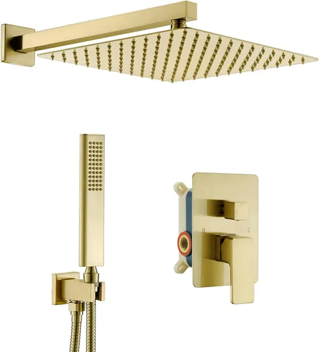 Vista 9 de Sistema de ducha de oro cepillado de 12 pulgadas para baño, cabezal de ducha de lluvia dorado de alta presión con rociador de mano, accesorios