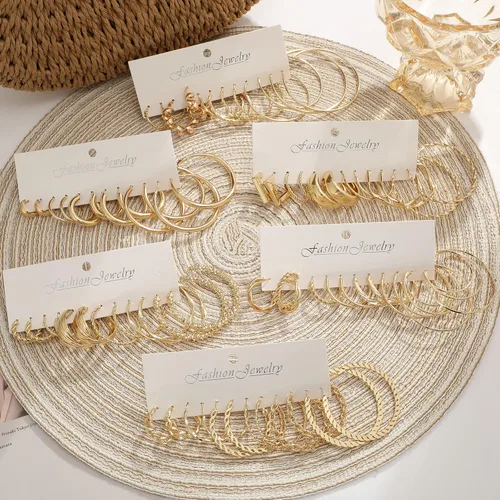 Vista 2 de 36 pares de aretes de aro dorados para mujeres y niñas, paquete múltiple de aretes de aro dorados gruesos, hipoalergénicos grandes y pequeños, juego