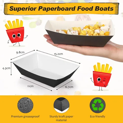 Vista 2 de 300 bandejas desechables de papel negro para nachos, barcos de papel kraft desechables de 2 libras para comida rápida, tacos, concesión, papas