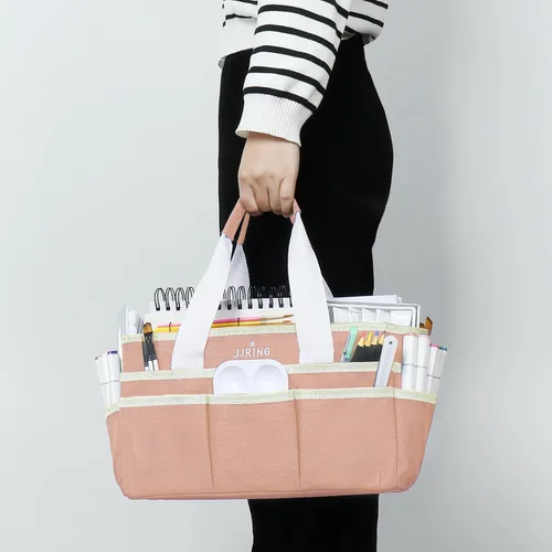 Vista 6 de JJRING Bolsa organizadora de manualidades, organizador de arte con múltiples bolsillos, bolsa de costura beige para arte, manualidades, álbumes