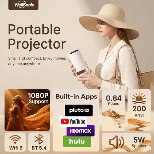 Vista 2 de Mini proyector con WiFi y Bluetooth, proyector portátil 4K con altavoz de 5 W, Keystone vertical automático y giratorio de 180°, proyector