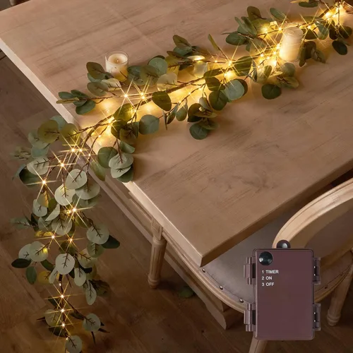 Vista 18 de Hairui Guirnalda de abedul iluminada, funciona con pilas, con 8 funciones, 48 luces blancas cálidas y multicolor, de 6 pies, guirnalda preiluminada