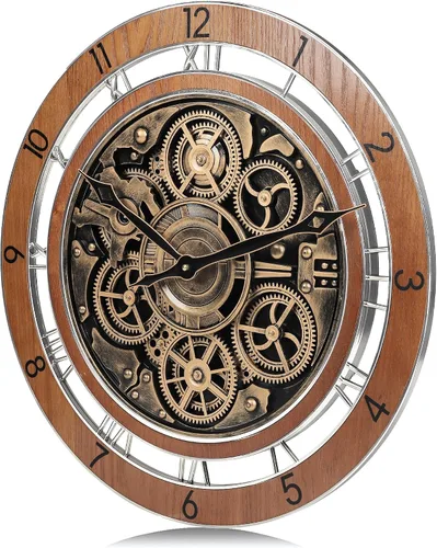 Vista 5 de Lafocuse Real Moving Gears - Reloj de pared marrón vintage, reloj de engranaje steampunk de 21 pulgadas con números arábigos y romanos, reloj