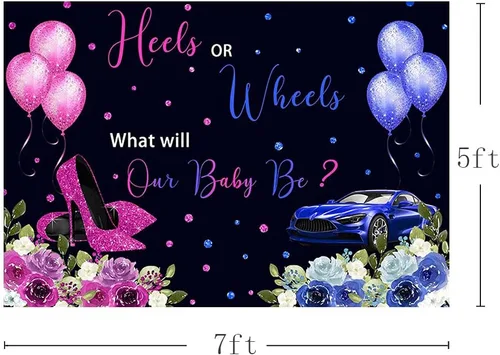 Vista 3 de MEHOFOND Talones o ruedas de 7 x 5 pies, fondo de revelación de género, globos fucsia o azul, sorpresa de género floral, baby shower, fiesta, mesa