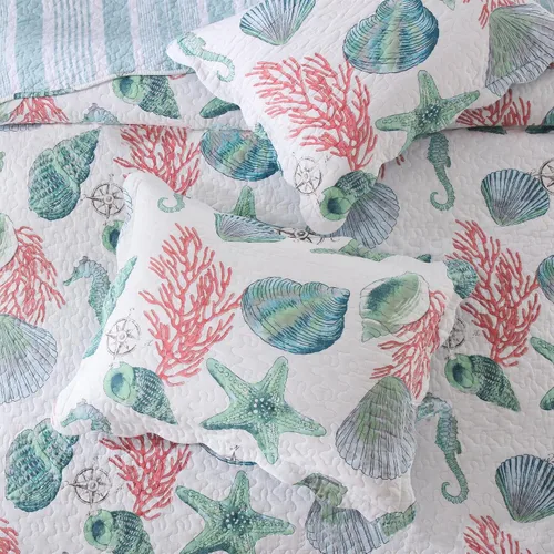 Vista 4 de ABREEZE Juego de ropa de cama con temática de playa costera, tamaño Queen, colcha reversible de algodón con diseño de conchas y conchas de mar