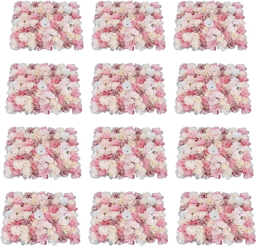 Vista 16 de Paneles de pared de flores 3D, 12 paneles de pared de flores artificiales, rosas de seda, fondo de pared de flores sintéticas decorativas