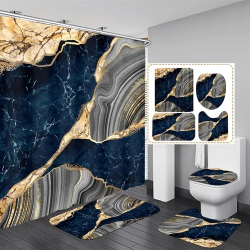 Vista 9 de Nkzply Juego de 4 Piezas de Cortinas de Ducha de Mármol Negro con Alfombras, Juegos de Baño Dorados con Cortina de Ducha y Alfombras, Accesorios