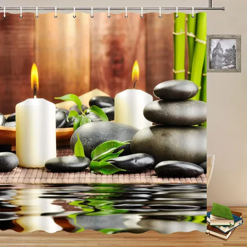 Vista 5 de Cortina de ducha de tela de poliéster, decoración de spa por baño, decoración de jardín zen para baño, diseño mágico japonés, velas de bambú, verde