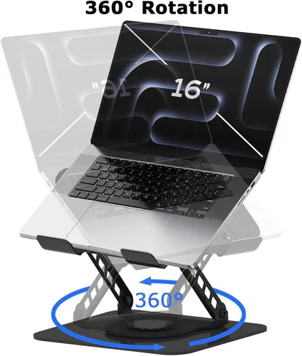 Vista 3 de Soporte ajustable para laptop, elevador giratorio de 360°, base estable para MacBook Pro/Air Notebook de hasta 16 pulgadas, color negro
