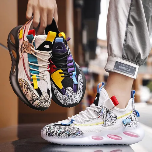 Vista 5 de GSIGUL Zapatillas de correr para hombre, diseño de graffiti, de moda, ligeras, de malla, tenis para caminar
