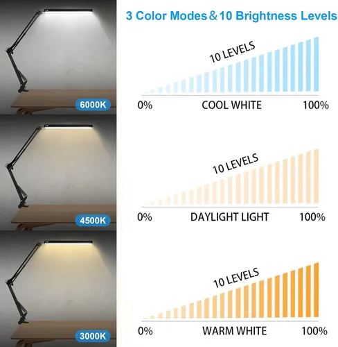 Vista 2 de Lámpara de escritorio LED para el hogar, oficina, lectura, luz de escritorio ajustable con abrazadera, lámpara de brazo oscilante incluye 3 modos