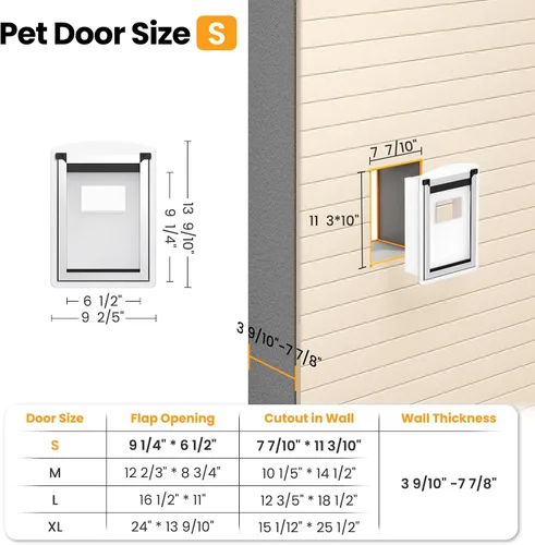 Vista 9 de Puerta de perro para pared, puerta de perro de acero con túnel telescópico, puerta de mascotas resistente a la intemperie con dos paneles de bloqueo