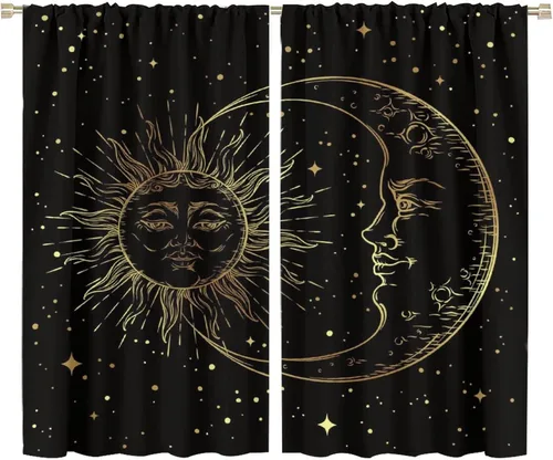 Vista 100 de Cortinas opacas con diseño de sol y luna, cuerpos celestes bohemios, con diseño de sol, luna y estrellas, para sala de estar, dormitorio, 42 x 45