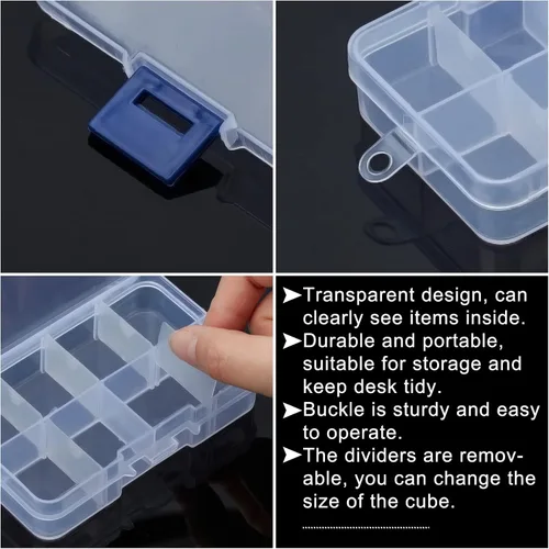 Vista 5 de NBEADS Paquete de 10 mini cajas organizadoras de plástico de 8 rejillas, 2.7 x 4.2 x 0.8 pulgadas, divisores de joyería de plástico transparente