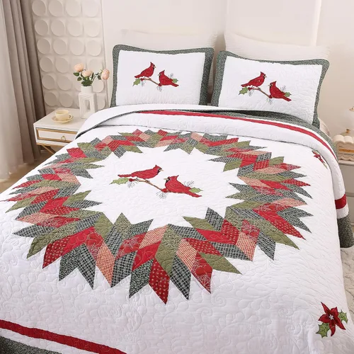 Vista 4 de vctops Juego de edredón acolchado de algodón navideño de 3 piezas (pájaros, Queen extragrande) Juego de ropa de cama de retazos con diseño