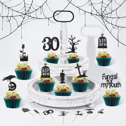 Vista 5 de Roowest 48 adornos para cupcakes de los años 20 con purpurina de Death to My Twenties Rip to My 20, decoraciones de fiesta de cumpleaños de 30 años