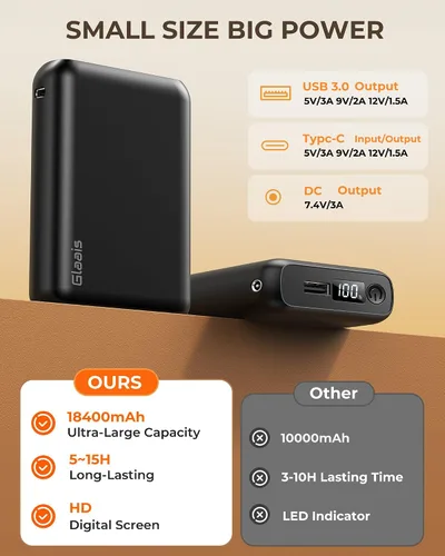 Vista 4 de Glaais Chaleco térmico de 5 V, 7,4 V, 18400 mAh, batería compatible con ORORO, batería para chaleco térmico con LED, batería recargable