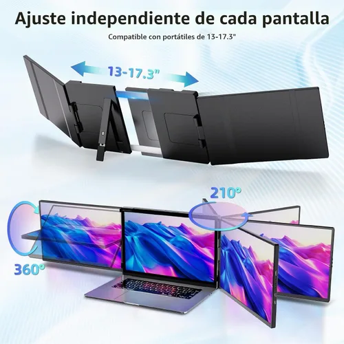 Vista 5 de Monitor extensor de pantalla portátil para laptop, extensor de pantalla triple de 2.5 K, Plug and Play, múltiples pantallas extendidas para Negro