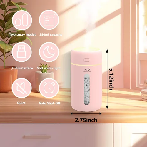 Vista 2 de Lisacool Humidificador pequeño, mini humidificador portátil para dormitorio, oficina, automóvil, viajes con luz nocturna, apagado automático, súper