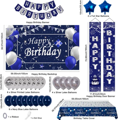 Vista 2 de Decoraciones de cumpleaños azules y plateadas, decoraciones de fiesta de cumpleaños para hombres, niños, mujeres y niñas, con pancarta de feliz