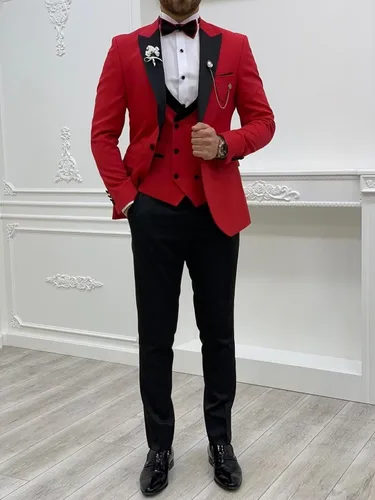 Vista 2 de Wangyue Traje de esmoquin de 3 piezas para hombre, chaleco de doble botonadura, trajes de boda para hombres, fiesta de graduación, traje de esmoquin