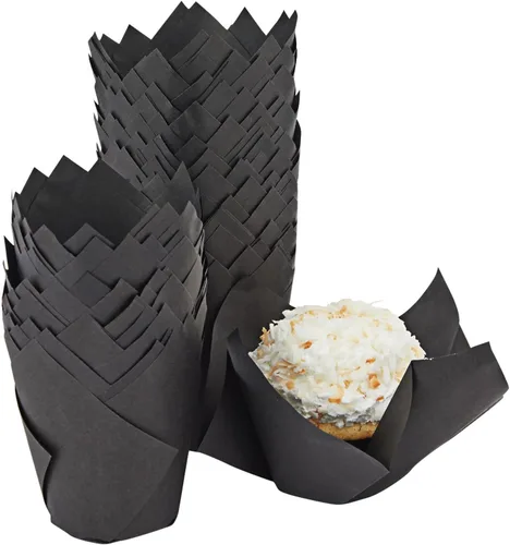 Vista 5 de Juvale Revestimientos para cupcakes – 2 x 3.5 pulgadas, negro, paquete de 100 – Revestimientos de tulipanes para cupcakes para hornear y fiestas