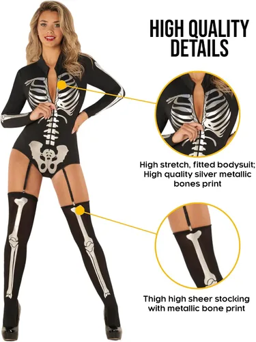 Vista 3 de Morph Disfraces para mujer, body de esqueleto para mujer, disfraz de Halloween, disfraz de esqueleto para mujer