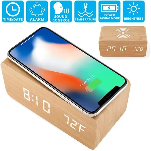 Vista 8 de OCT17 Reloj despertador con almohadilla de carga inalámbrica Qi, compatible con iPhone, Samsung, reloj digital LED de madera, función de control