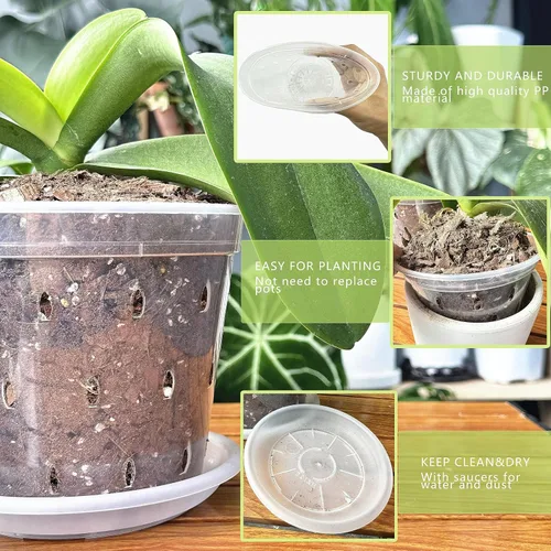 Vista 2 de DESOMINOR Maceta de orquídea transparente, macetas de plástico de 4.8 pulgadas, 5.6 pulgadas y 7 pulgadas con agujeros y platillos, macetas