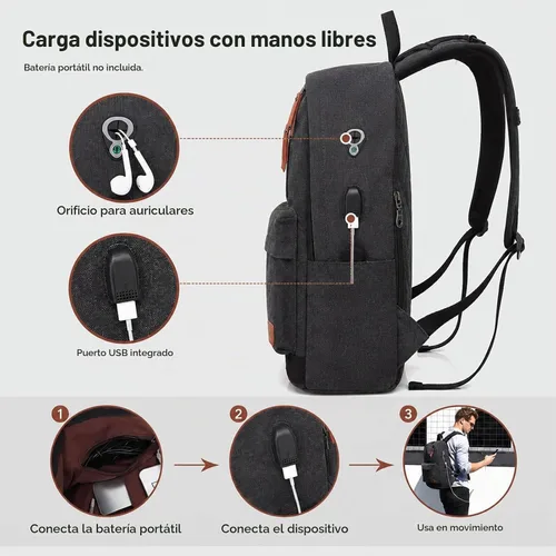 Vista 4 de Mochila de lona para laptop, mochila escolar impermeable con carga USB, 17.32in X 12.6in X 6.0in, Mochilas Daypack Negro