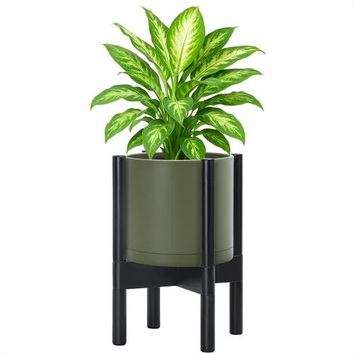 Vista 46 de Maceta de D'vine Dev con soporte - Maceta de flores de cilindro de plástico de 8.0 pulgadas con soporte de madera para interiores, maceta mate negra