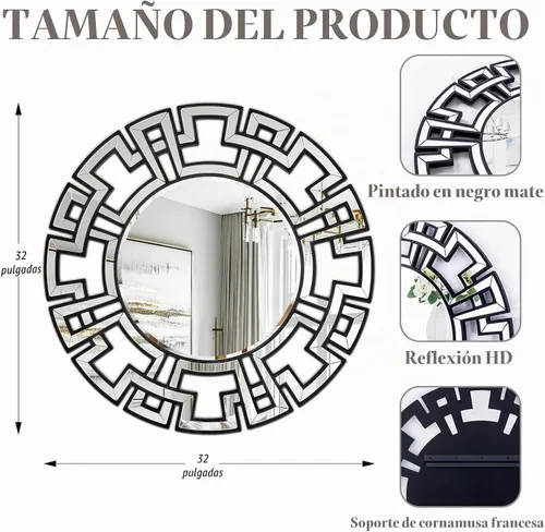 Vista 4 de Chende - Espejos negros para decoración de sala de estar, espejo redondo grande de 32 pulgadas con vidrio de borde biselado, espejo de pared