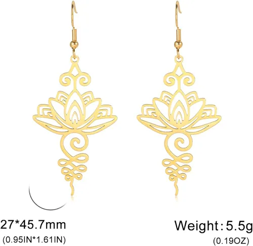 Vista 3 de kkjoy Collar de loto Unalome de acero inoxidable, flor de loto, símbolo de yoga, aretes inspiradores de budismo, joyería para mujeres y niñas