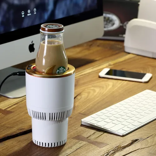 Vista 5 de Portavasos para automóvil con enfriador de bebidas, calentador inteligente de tazas, soporte para vasos 2 en 1 para automóvil (blanco con dorado)