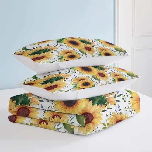 Vista 4 de Juego de edredón suave de lujo con diseño floral de girasol y hojas verdes, 1 edredón y 2 fundas de almohada Hoja verde
