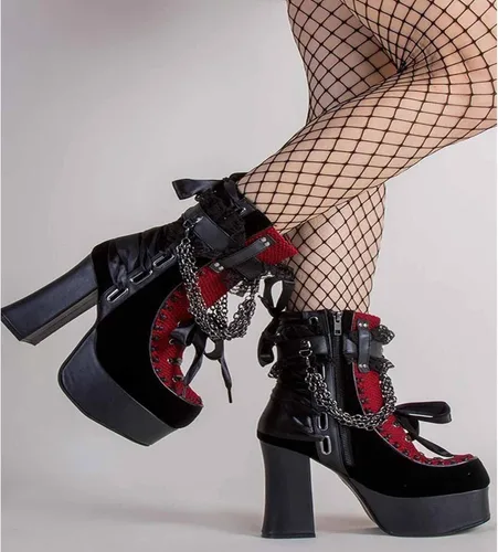 Vista 7 de MSYINGL Botas de plataforma para mujer, botas de tobillo gruesas con cremallera lateral, con cadena y corbatín, botas góticas punk de moda