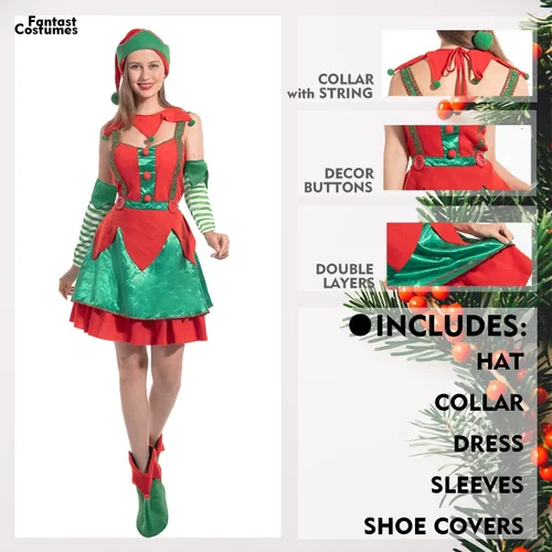 Vista 6 de FantastCostumes Disfraz de elfo de Navidad para mujer, disfraz de Papá Noel