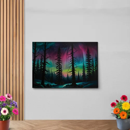Vista 6 de Aurora Borealis, Northern Lights Art, framed canvas print, snow capped mountain landscape art, synthwave vaporwave, Decor Canvas, Decor