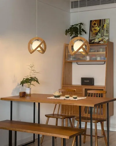 Vista 3 de Lámpara colgante de madera estilo rústico retro con globo de vidrio blanco, lámpara colgante Celing para cocina, isla, comedor, dormitorio, pasillo