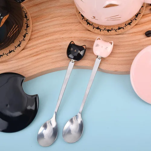 Vista 6 de Taza de café de cerámica rosa con diseño de gato lindo hecho a mano con cuchara de acero inoxidable, taza de gatito, tazas únicas de chocolate Negro