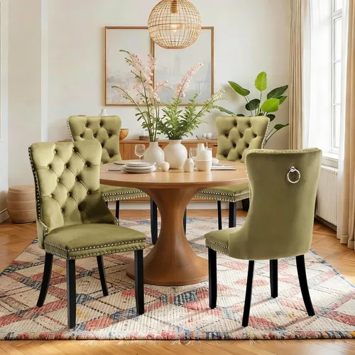 Vista 34 de Juego de 2 sillas de comedor de terciopelo con patas de madera, color beige Mid Century Modern Dining Chairs,Upholstered Chairs with Nailhead