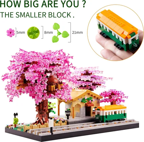 Vista 3 de Juego de bloques de construcción de micro bloques de construcción japoneses de cerezo en flor para adultos, modelo de mini ladrillos, casa