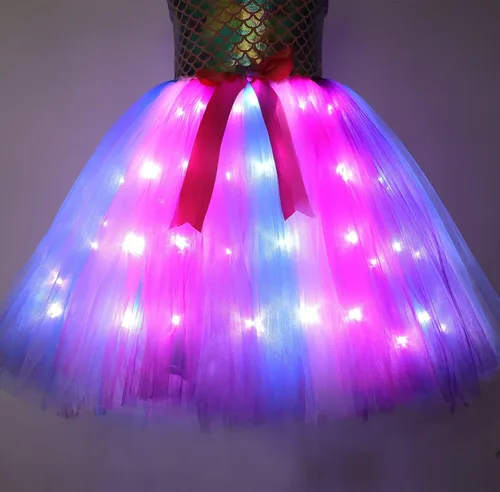 Vista 3 de Dormstop Disfraz de sirena para niñas vestido de princesa de sirena con luz LED disfraz de cumpleaños para Halloween con diadema