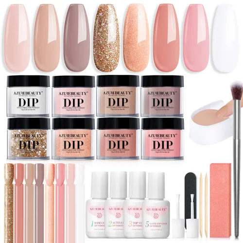 Vista 11 de AZUREBEAUTY Kit de uñas en polvo de inmersión, gelatina translúcida blanca lechosa, rosa desnudo, neutro, claro, 8 colores, juego de polvo